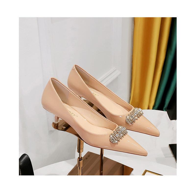 BIGTREE Shoes 4.5 cm Rhinestone metal decoration Kitten high heels patent leather Women Pumps stilettos Lady Shoes Plus Size 43