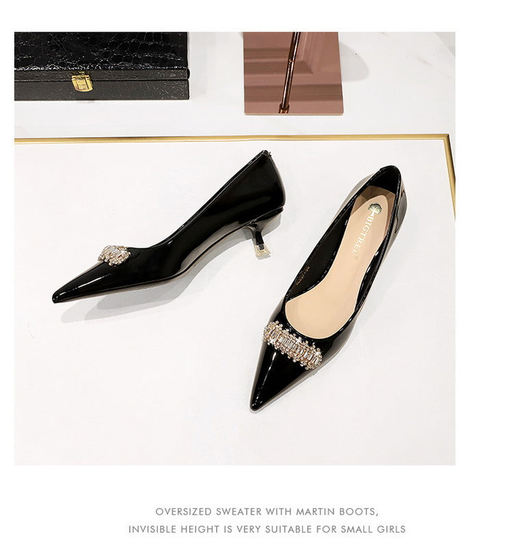 BIGTREE Shoes 4.5 cm Rhinestone metal decoration Kitten high heels patent leather Women Pumps stilettos Lady Shoes Plus Size 43