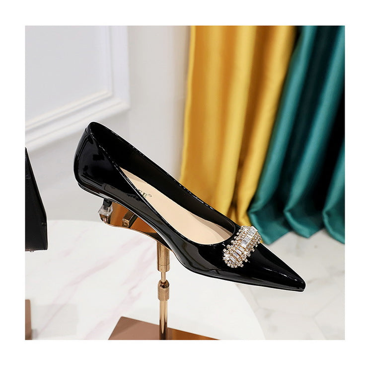 BIGTREE Shoes 4.5 cm Rhinestone metal decoration Kitten high heels patent leather Women Pumps stilettos Lady Shoes Plus Size 43