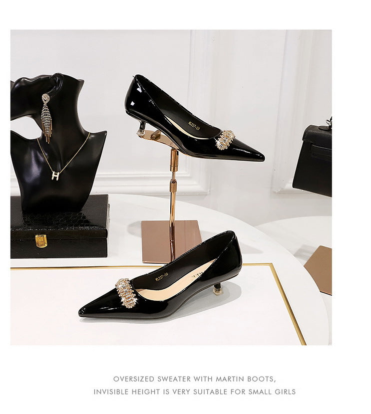 BIGTREE Shoes 4.5 cm Rhinestone metal decoration Kitten high heels patent leather Women Pumps stilettos Lady Shoes Plus Size 43
