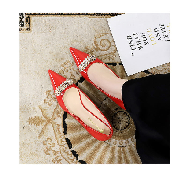 BIGTREE Shoes 4.5 cm Rhinestone metal decoration Kitten high heels patent leather Women Pumps stilettos Lady Shoes Plus Size 43