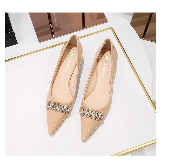 BIGTREE Shoes 4.5 cm Rhinestone metal decoration Kitten high heels patent leather Women Pumps stilettos Lady Shoes Plus Size 43