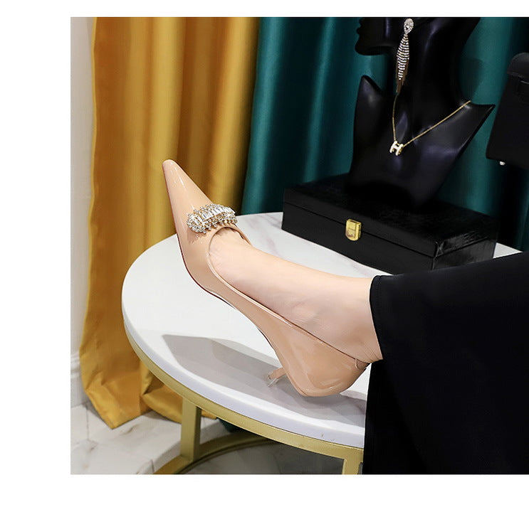 BIGTREE Shoes 4.5 cm Rhinestone metal decoration Kitten high heels patent leather Women Pumps stilettos Lady Shoes Plus Size 43