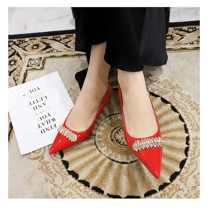 BIGTREE Shoes 4.5 cm Rhinestone metal decoration Kitten high heels patent leather Women Pumps stilettos Lady Shoes Plus Size 43