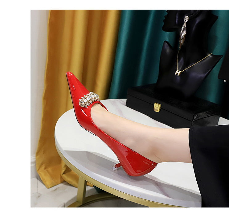 BIGTREE Shoes 4.5 cm Rhinestone metal decoration Kitten high heels patent leather Women Pumps stilettos Lady Shoes Plus Size 43