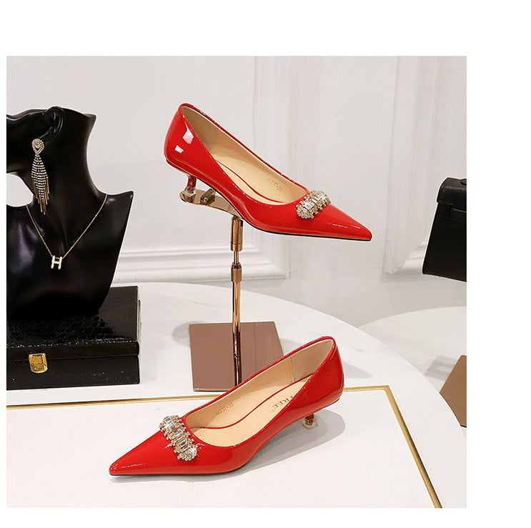 BIGTREE Shoes 4.5 cm Rhinestone metal decoration Kitten high heels patent leather Women Pumps stilettos Lady Shoes Plus Size 43