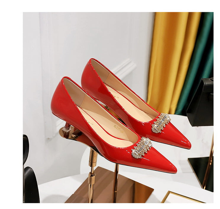 BIGTREE Shoes 4.5 cm Rhinestone metal decoration Kitten high heels patent leather Women Pumps stilettos Lady Shoes Plus Size 43