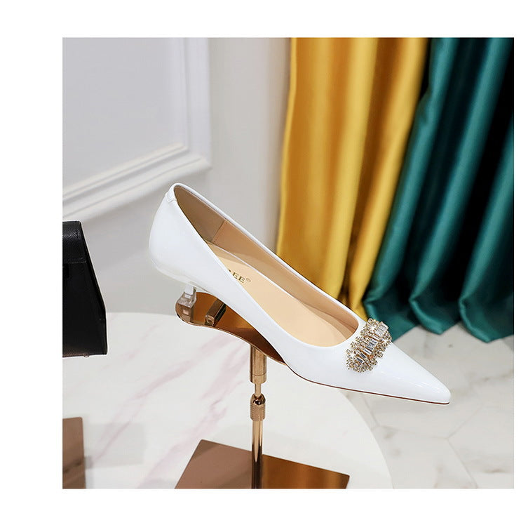 BIGTREE Shoes 4.5 cm Rhinestone metal decoration Kitten high heels patent leather Women Pumps stilettos Lady Shoes Plus Size 43