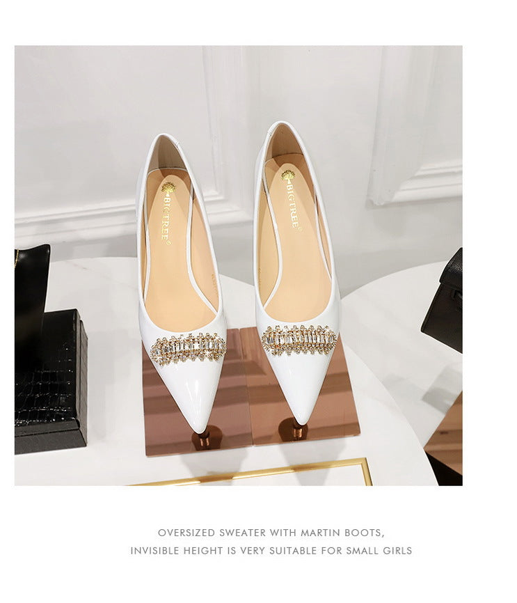 BIGTREE Shoes 4.5 cm Rhinestone metal decoration Kitten high heels patent leather Women Pumps stilettos Lady Shoes Plus Size 43