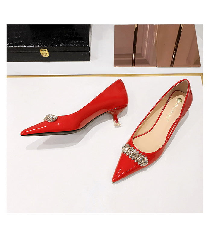 BIGTREE Shoes 4.5 cm Rhinestone metal decoration Kitten high heels patent leather Women Pumps stilettos Lady Shoes Plus Size 43