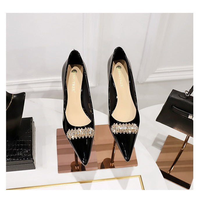 BIGTREE Shoes 4.5 cm Rhinestone metal decoration Kitten high heels patent leather Women Pumps stilettos Lady Shoes Plus Size 43
