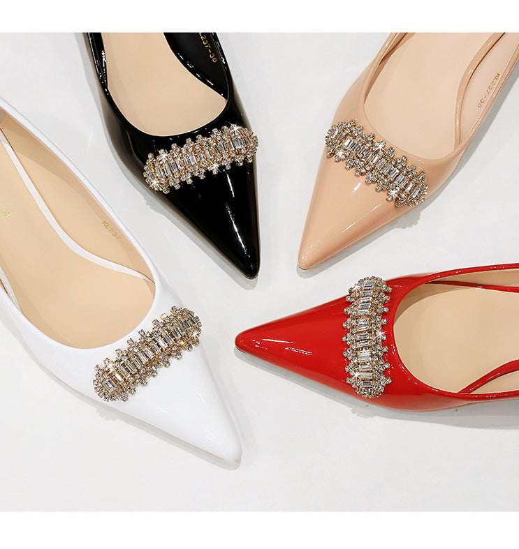 BIGTREE Shoes 4.5 cm Rhinestone metal decoration Kitten high heels patent leather Women Pumps stilettos Lady Shoes Plus Size 43
