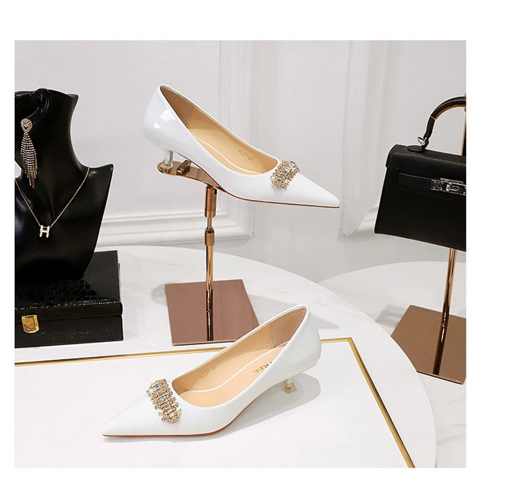 BIGTREE Shoes 4.5 cm Rhinestone metal decoration Kitten high heels patent leather Women Pumps stilettos Lady Shoes Plus Size 43
