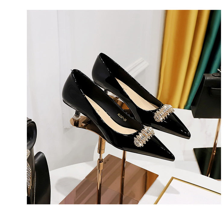 BIGTREE Shoes 4.5 cm Rhinestone metal decoration Kitten high heels patent leather Women Pumps stilettos Lady Shoes Plus Size 43