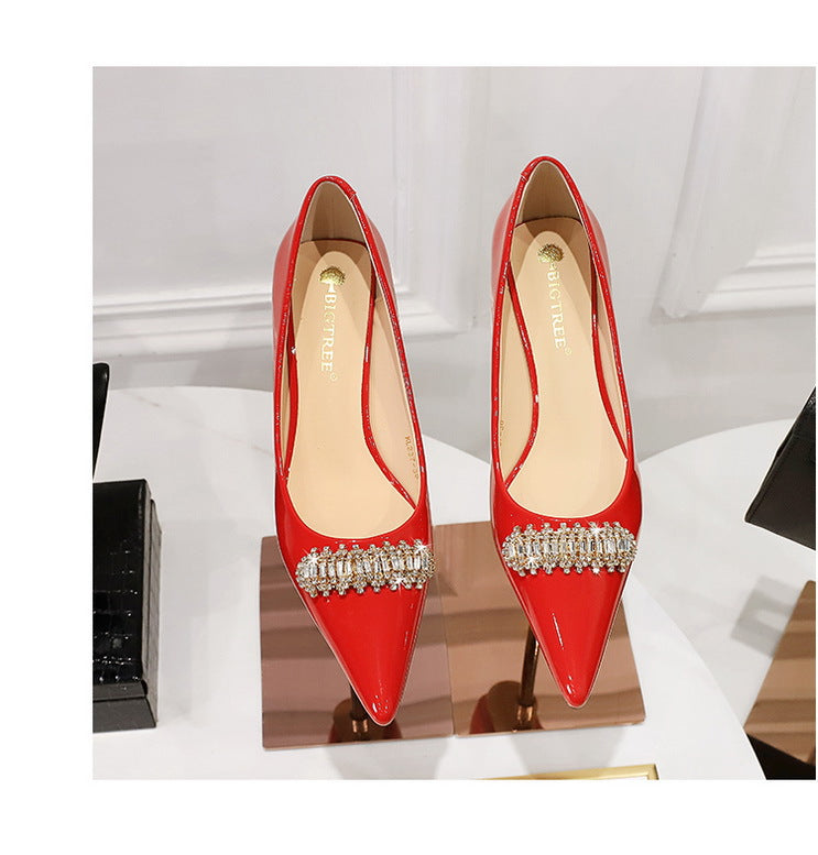 BIGTREE Shoes 4.5 cm Rhinestone metal decoration Kitten high heels patent leather Women Pumps stilettos Lady Shoes Plus Size 43