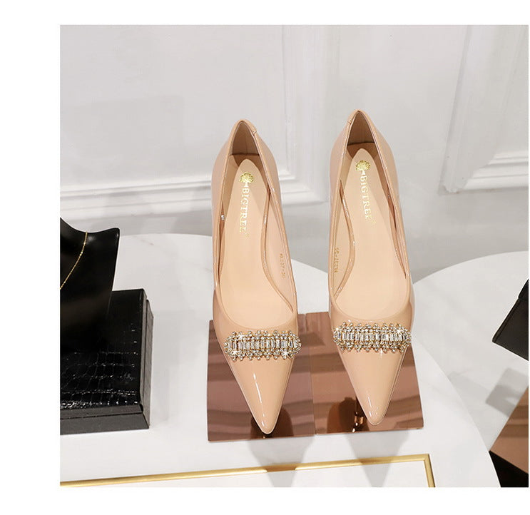 BIGTREE Shoes 4.5 cm Rhinestone metal decoration Kitten high heels patent leather Women Pumps stilettos Lady Shoes Plus Size 43