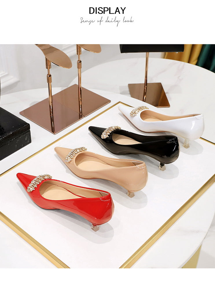 BIGTREE Shoes 4.5 cm Rhinestone metal decoration Kitten high heels patent leather Women Pumps stilettos Lady Shoes Plus Size 43