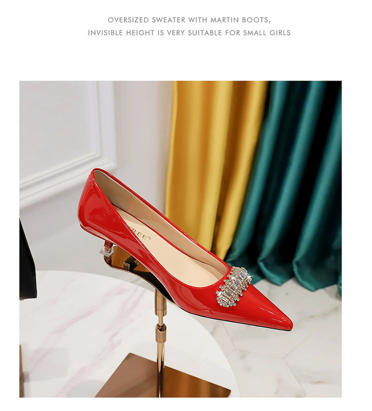 BIGTREE Shoes 4.5 cm Rhinestone metal decoration Kitten high heels patent leather Women Pumps stilettos Lady Shoes Plus Size 43
