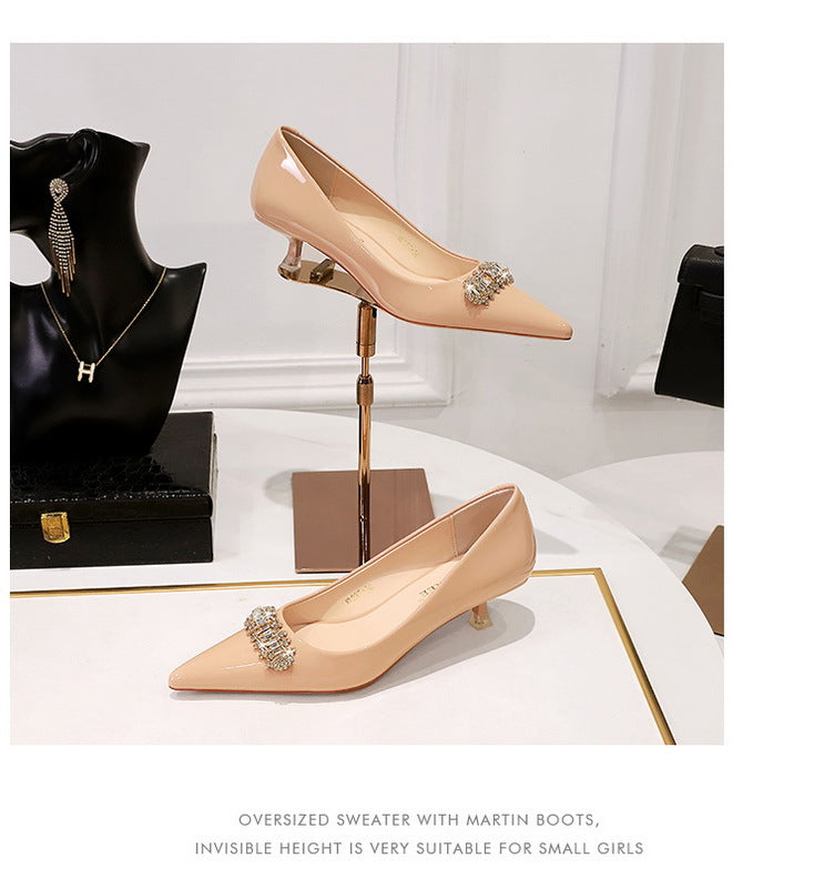 BIGTREE Shoes 4.5 cm Rhinestone metal decoration Kitten high heels patent leather Women Pumps stilettos Lady Shoes Plus Size 43
