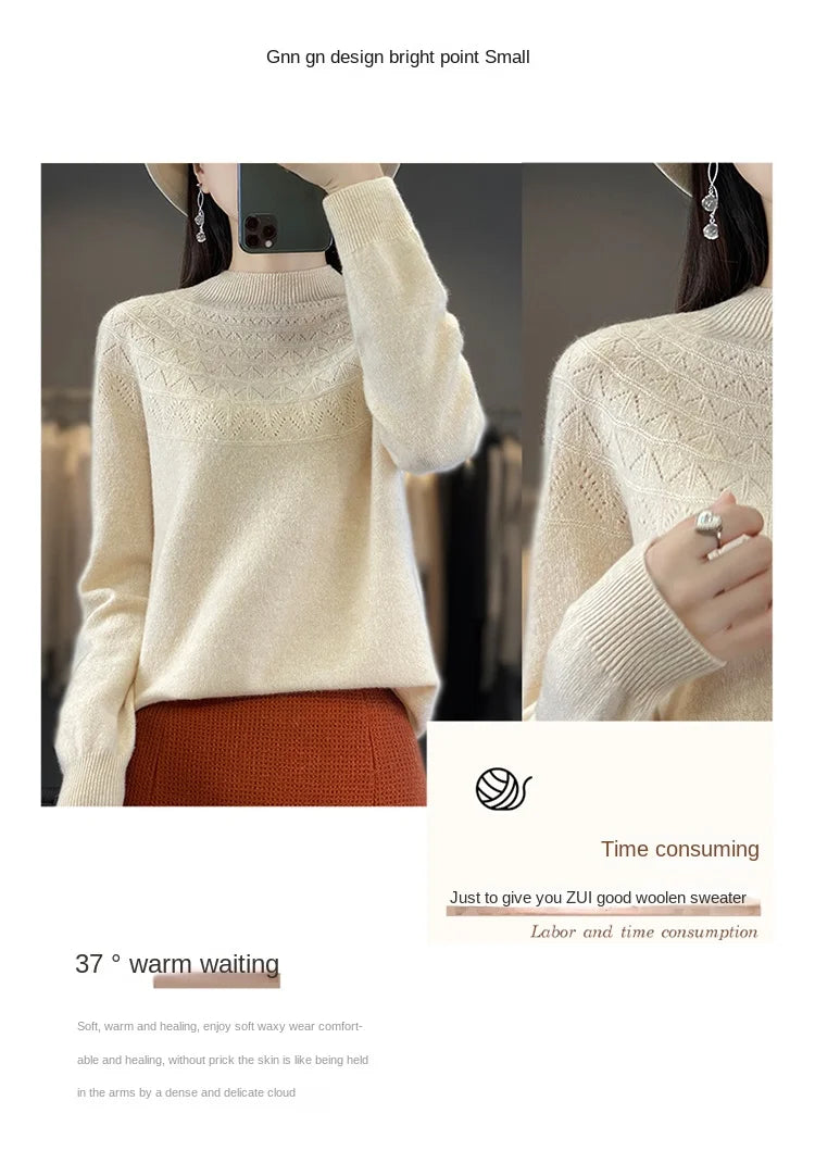 2024 New Line Of Garment Hollowed Out Half Height Women's High-grade Woolen Sweater 100% Pure Wool Multi-color Option WQ
