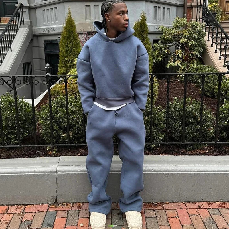 Casual Solid Hooded Pullover Straight Pants 2 Piece Set Tracksuit For Male Fashion Loose Hoodies Sweatshirt Wide Leg Sweatpants