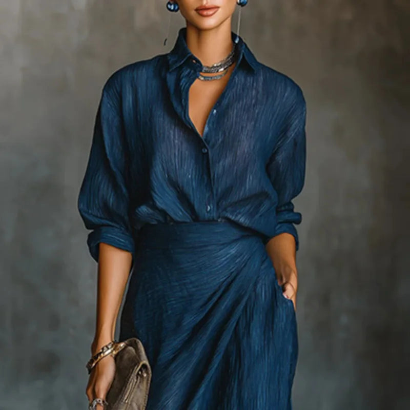 Autumn Long Sleeve Sexy Outfits Women Elegant Polo Neck Button Shirt & Pleated Skirt Set Fashion Solid Irregular 2pcs Suit Mujer