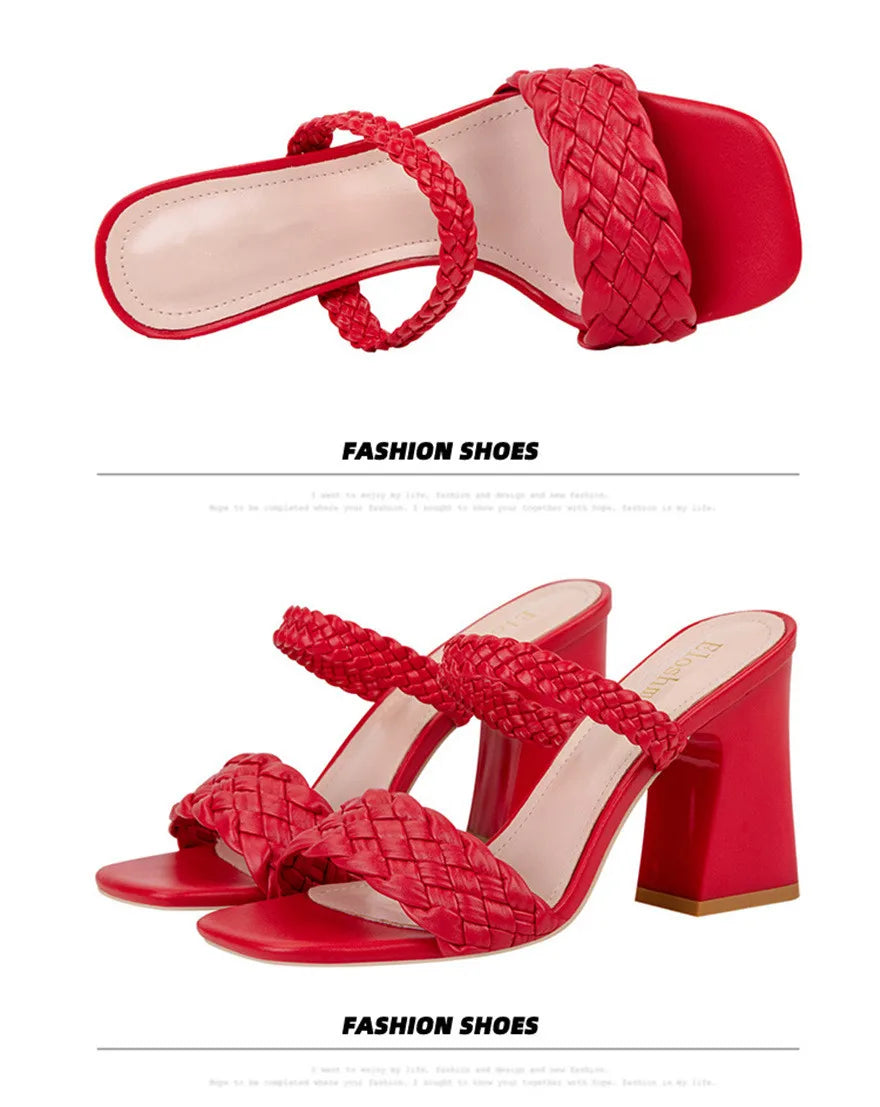 Fashion Weave Thick Heel Women's Slippers Square Toe Summer Casual Ladies Slides Red Orange Shoes Slip On Beach Sexy Pumps Woman