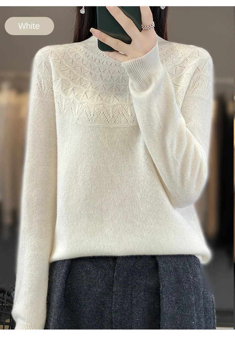 2024 New Line Of Garment Hollowed Out Half Height Women's High-grade Woolen Sweater 100% Pure Wool Multi-color Option WQ