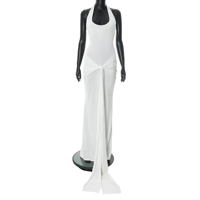 Chaxiao Halter Backless Ruched Sexy Maxi Dress Women Gown Fashion Sleeveless Backless Draped Bodycon Club Party Long Dresses