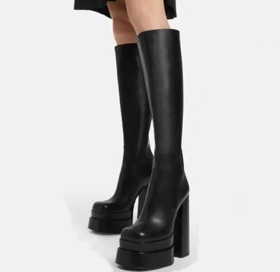 Mature Women Boots Mature Knight Boots Square Heel New Double Layered Water Platform Ultra High Heels Tall Boots Women Shoes