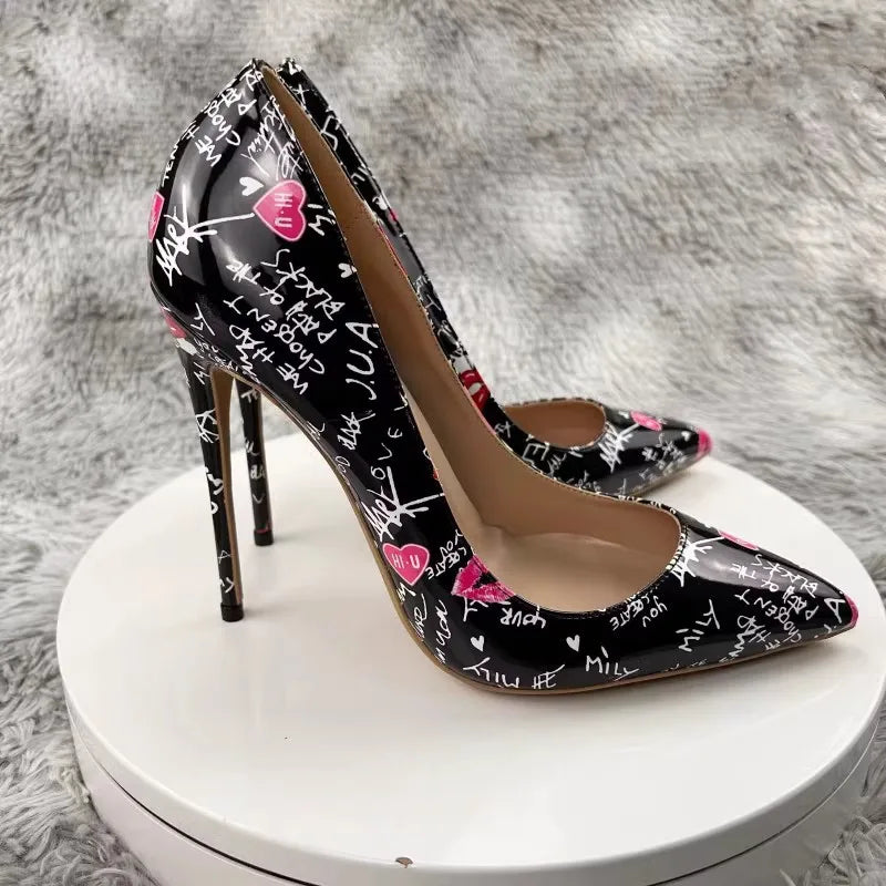 New Fashion White Artistic Graffiti Print Pointed Toe High Heel Shoes 8-12CM Women Sexy Stiletto Party Dress Shoes Plus Size 45