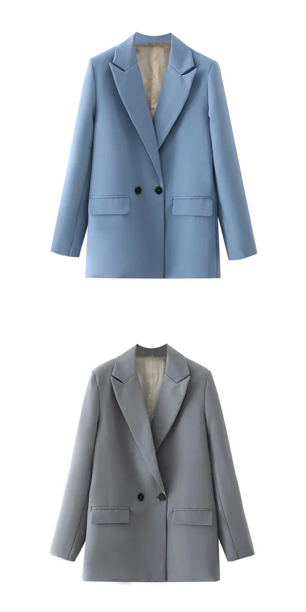 New Women's Double-Breasted Suit Jaet Casual Top 2 Colors Commute Sle Straight Cut Polyester Long Sve Pure Color