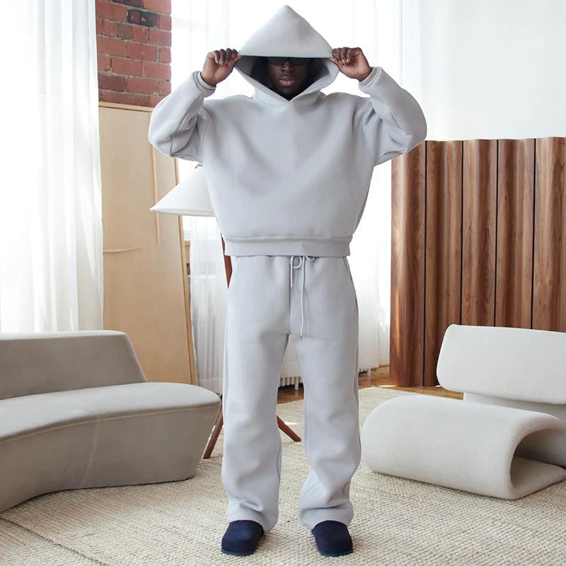Casual Solid Hooded Pullover Straight Pants 2 Piece Set Tracksuit For Male Fashion Loose Hoodies Sweatshirt Wide Leg Sweatpants
