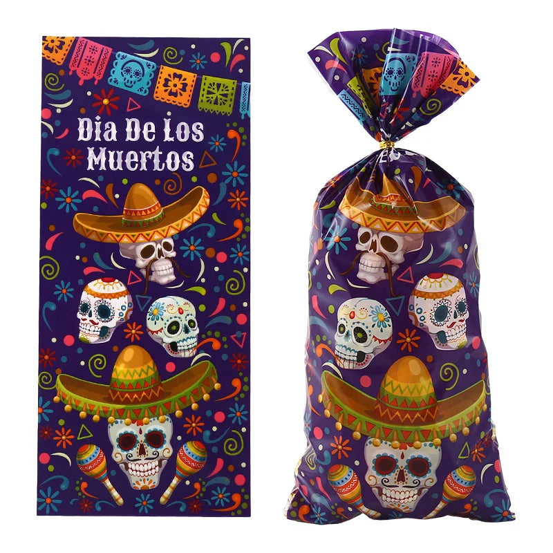 50Pcs Mexican Day of The Dead Theme Candy Cookie Bags Skull Opp Gift Packing Bags for Birthday Halloween Party Decoration