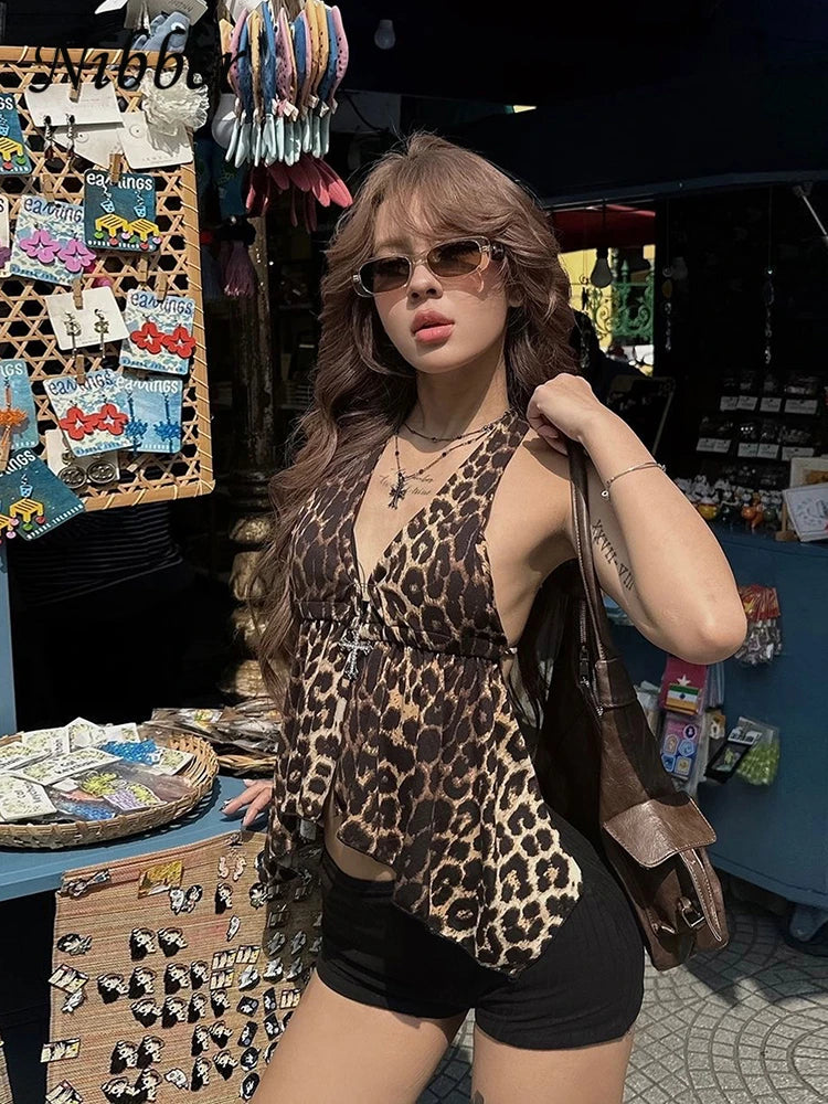 Nibber Sexy Women Midnight Halter Camisole Leopard Print Chic Y2K Hottie Summer Backless Sleeveless Wild Streetwear Beach Vest