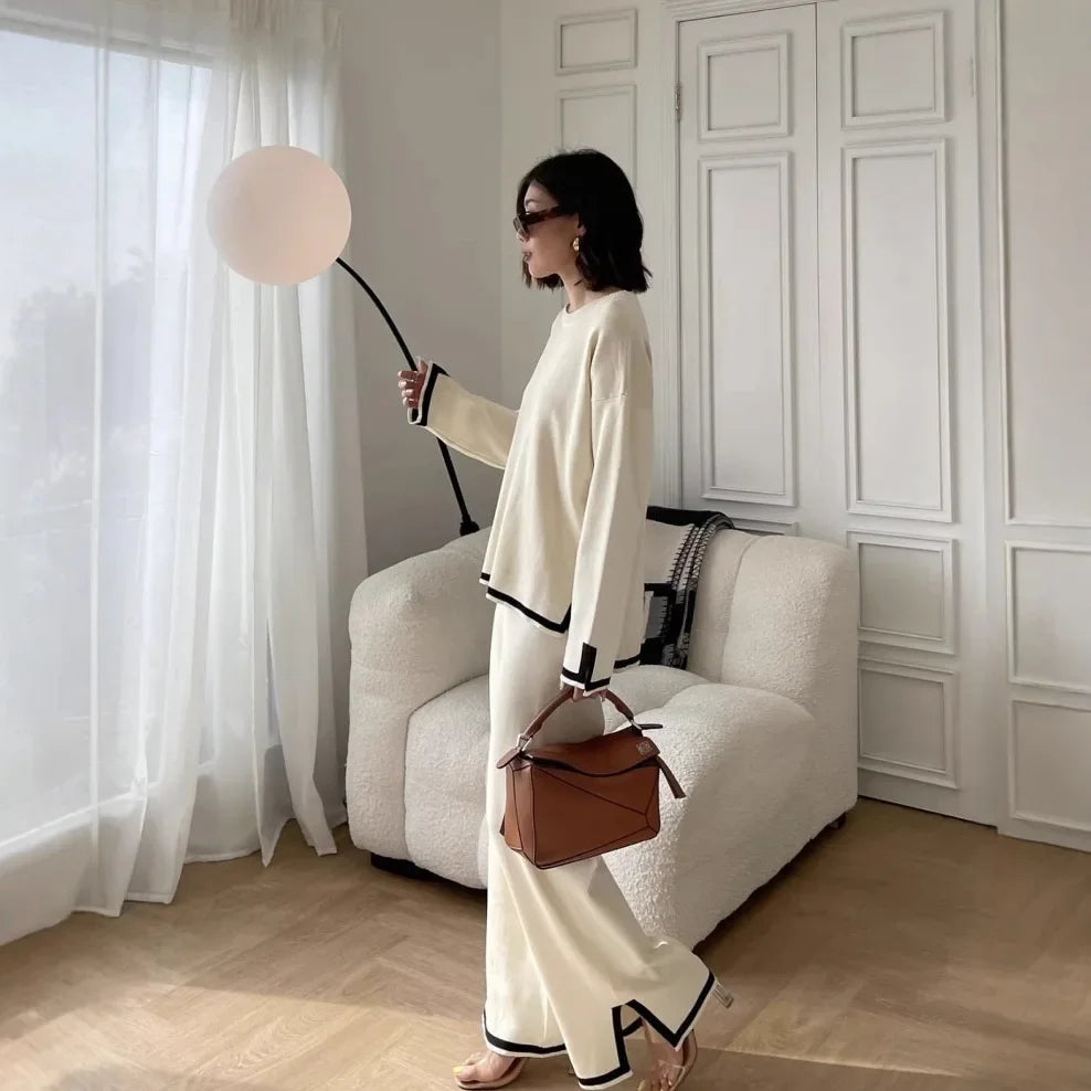 2024 Autumn Collection Elegant Color Blocking Side Slit Long Sleeve Knitted Top High-Waisted Slimming Bell Bottom Trousers Two-P