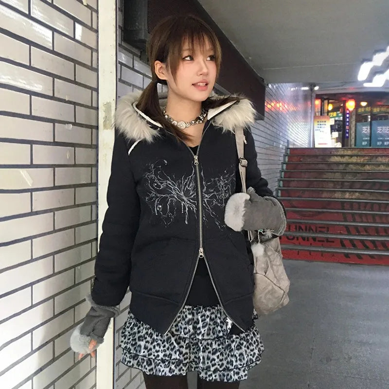 Karrram Japanese Y2k Fur Hooded Coat Grunge Aesthetics Tattoo Print Jacket Vintage Harajuku Double Zipper Outerwear Trashy 2000s