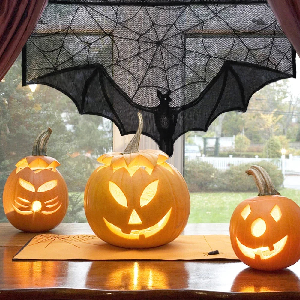 Hallowen Bat Spider Web Table Runner Door Curtain Lace Cobweb Fireplace Cover Lampshade Perfect for Gothic Halloween Decoration