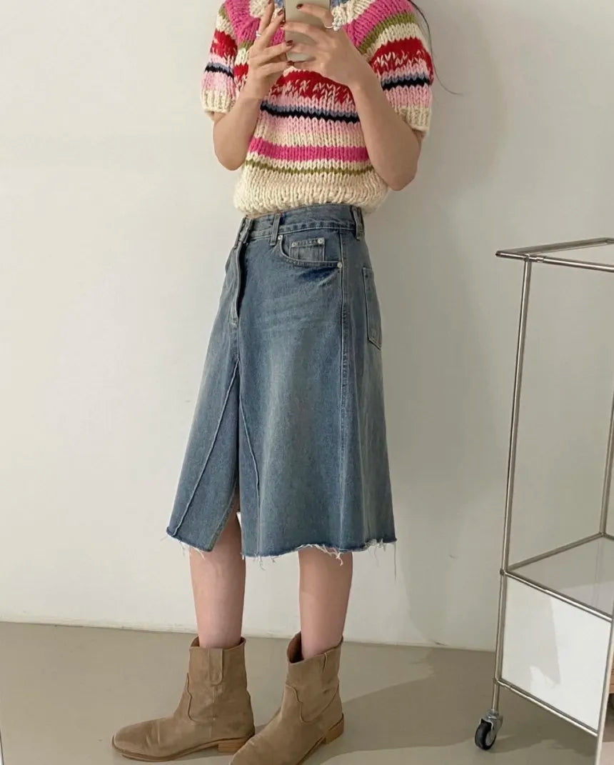 Chic Vintage Heavyweight Knitted Loose ort Sve Striped Sweater for Women Summer Collection oulder Sve