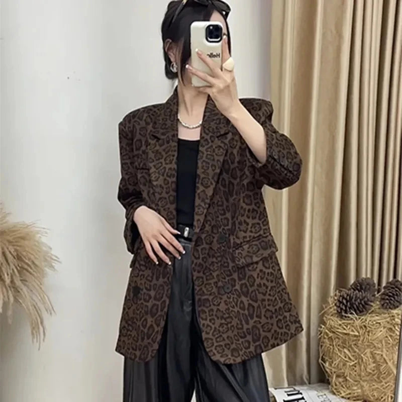 2025 Spring Autumn New Korean Fashion Leopard Print Blazer Women Long Sleeve Suit Coat Female Casual Office Outwear Ladies Tops