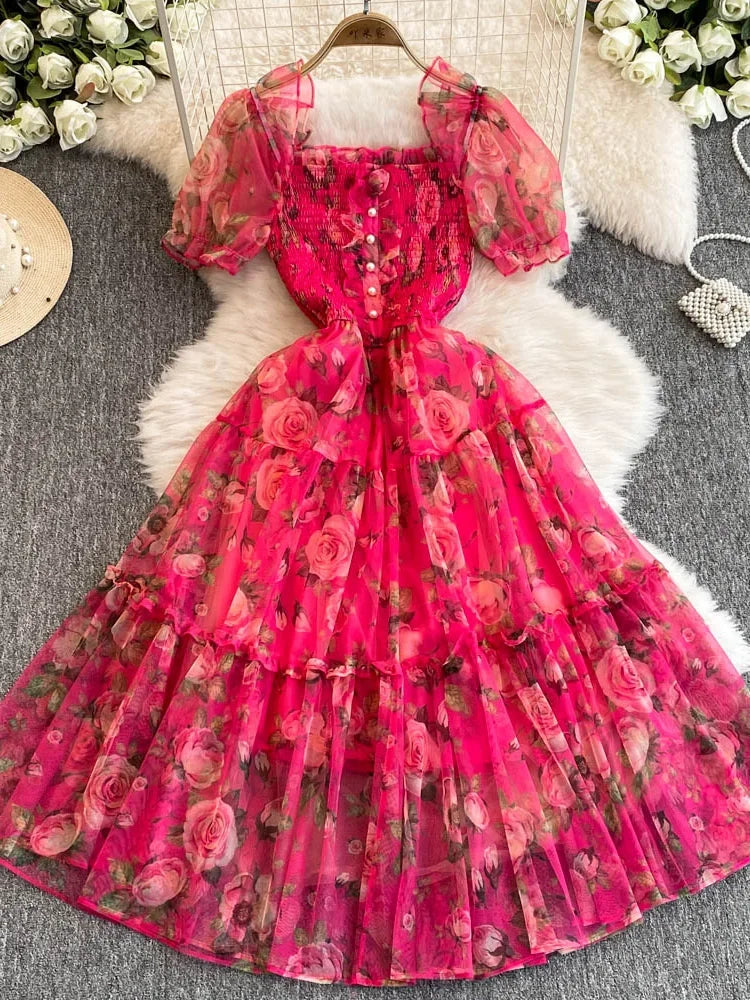 Summer Women Floral Mesh Midi Dress Sweet Square Collar Short Puff Sleeve Ruffle Vestidos Female Elegant Purple/Green/Red Robe