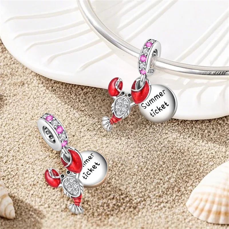 Original 925 Sterling Silver Charms Beads Blue Crab Red Lobster Charms Pendant For Women Fine DIY Bracelet Jewelry Gifts