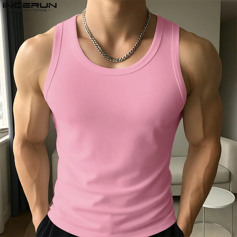 INCERUN Men Tank Tops Solid Color O-neck Sleeveless Casual Male Vests Summer Streetwear 2025 Fashion Skinny Leisure Men Clothing