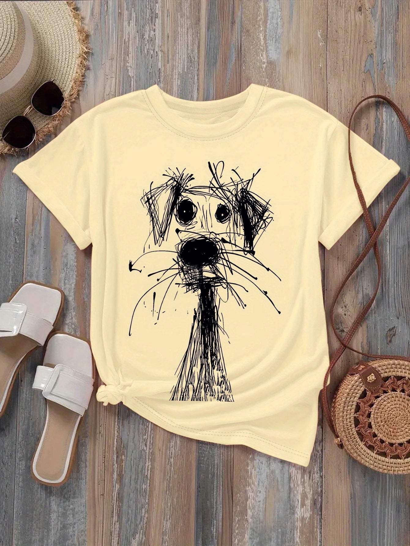 Women's Fashion Printed T-Shirt with Fun Dog Sketch Design Soft Round Neck Short Sleeve Casual Style for Daily Summer Clothing