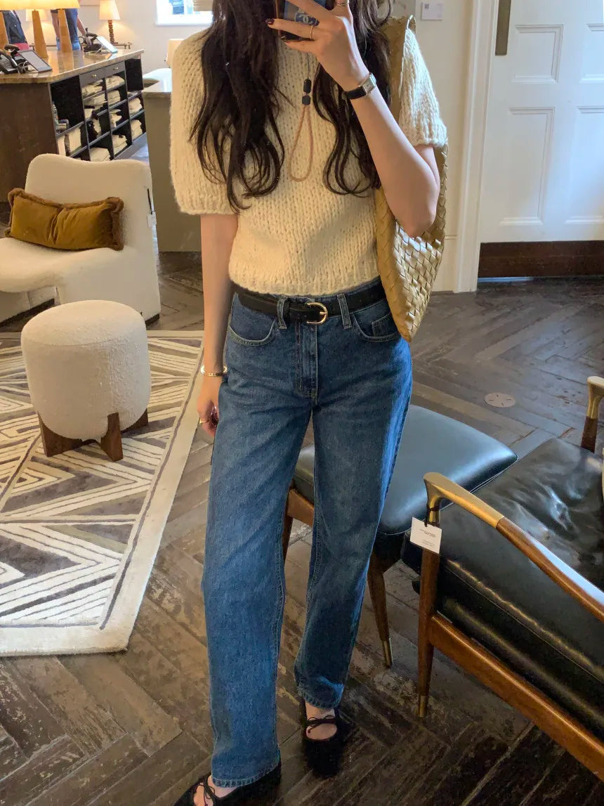 Chic Vintage Heavyweight Knitted Loose ort Sve Striped Sweater for Women Summer Collection oulder Sve