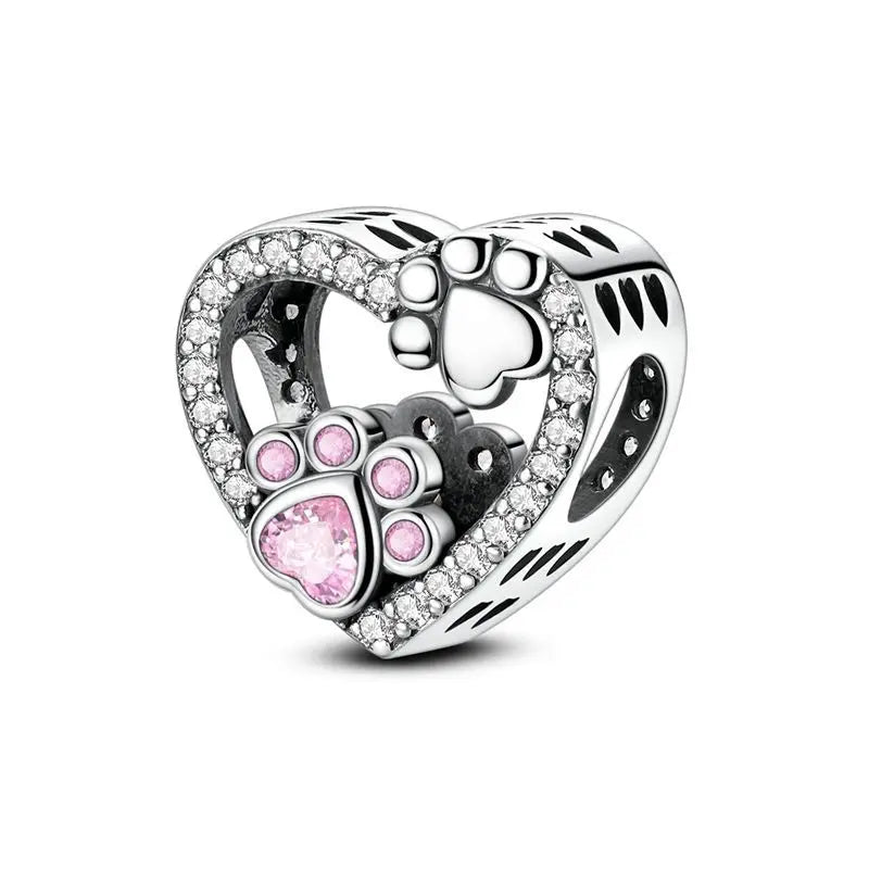 Dogs Pet Charms 925 Silver Heart Shaped Pink Zircon Claws Pendants Fit Original S925 Bracelets Fine DIY Birthday Jewelry Gifts