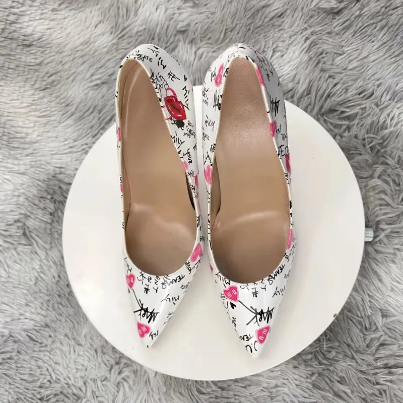 New Fashion White Artistic Graffiti Print Pointed Toe High Heel Shoes 8-12CM Women Sexy Stiletto Party Dress Shoes Plus Size 45