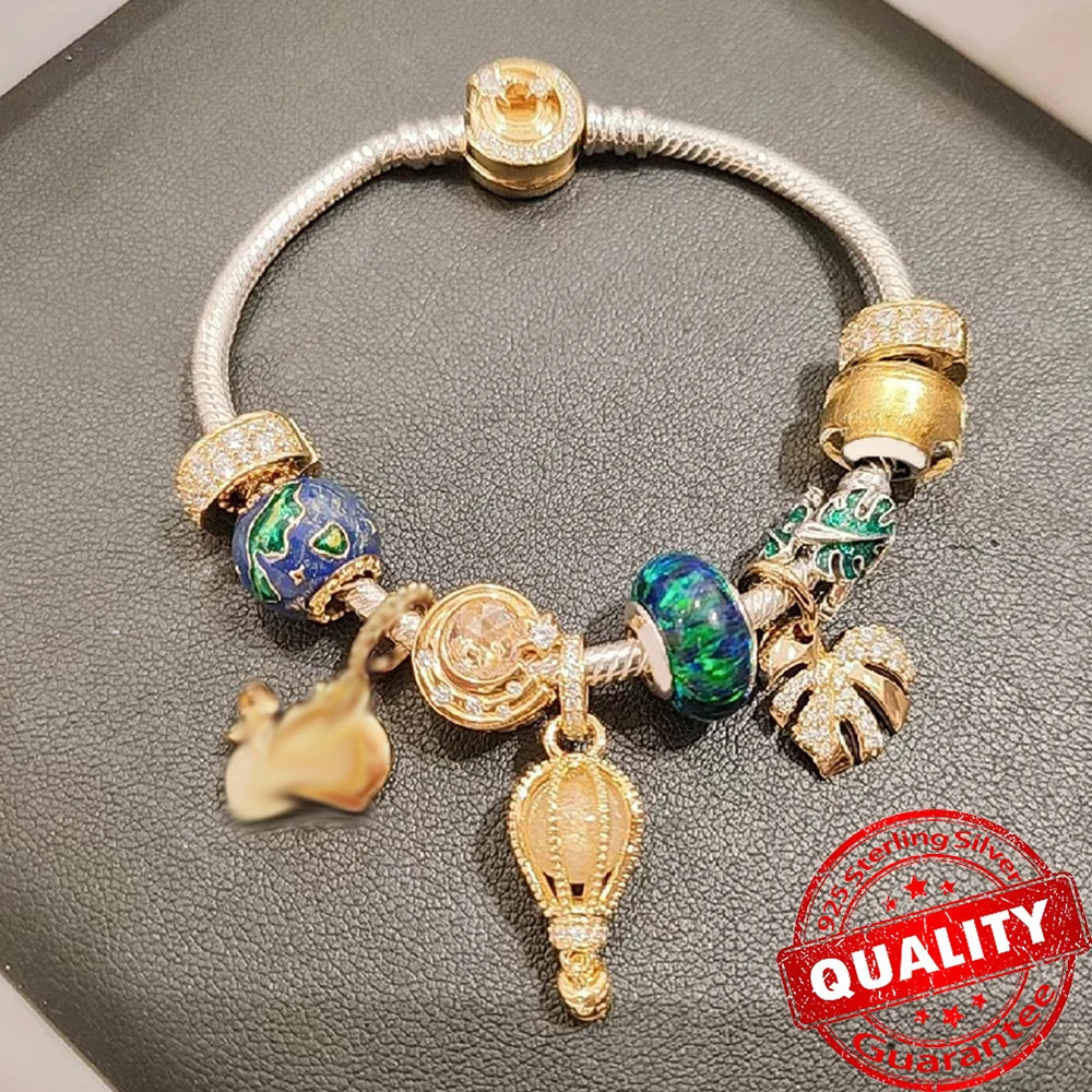 Sparkling Gold Monstera Leaf Charm Fit Original Bracelet 925 Sterling Silver Shark Tooth Mini Charm for Girls Party Jewelry
