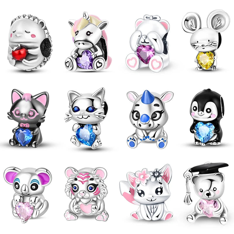 S925 Sterling Silver Owl Squirrel Bear Hedgehog Cute Animal Series Creative Charms Beads Fit Pan Original Bracelets DIY Jewelry