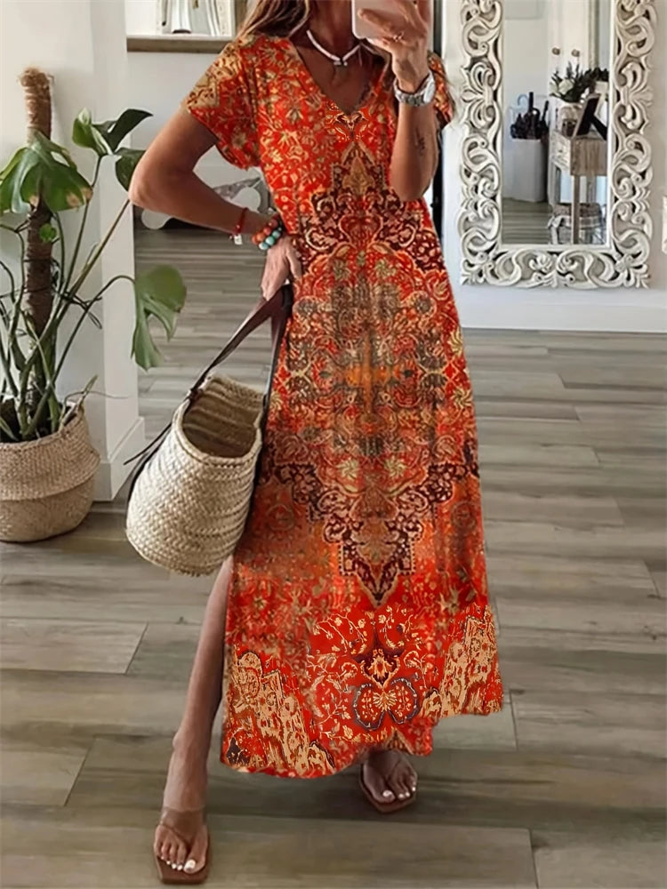 New 2025 Summer Women's Dresses Patchwork Geometric Printing Casual Temperament Dresses Fashion Beach Short Sleeve Dresses
